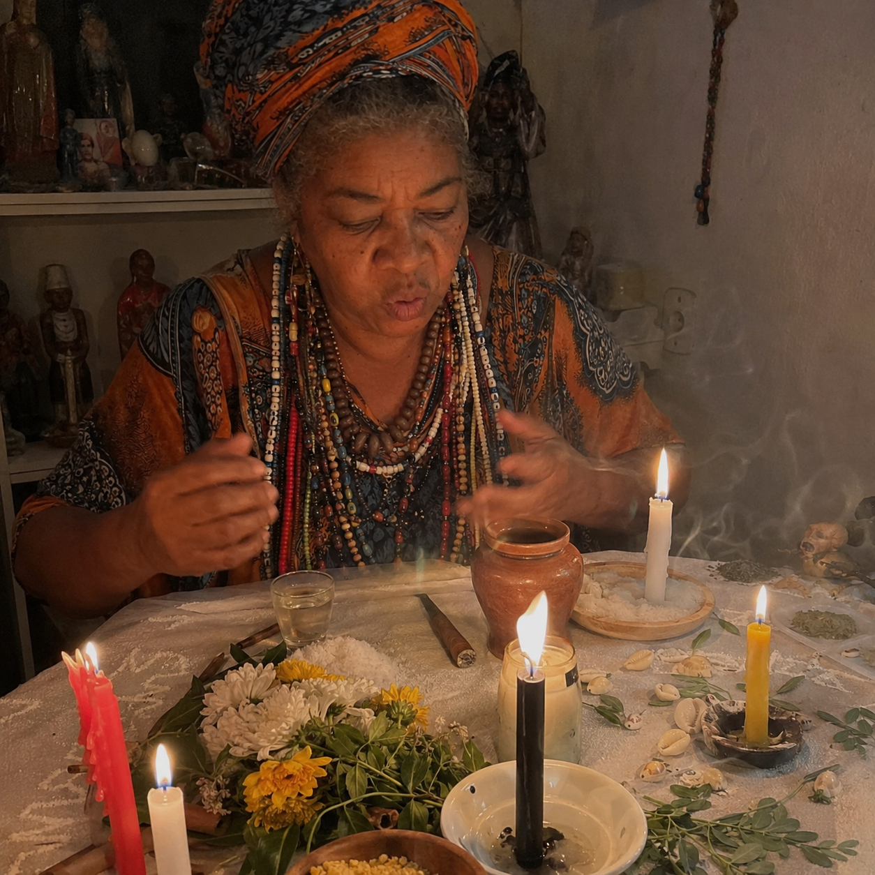 Mãe Tereza realizando atendimento espiritual